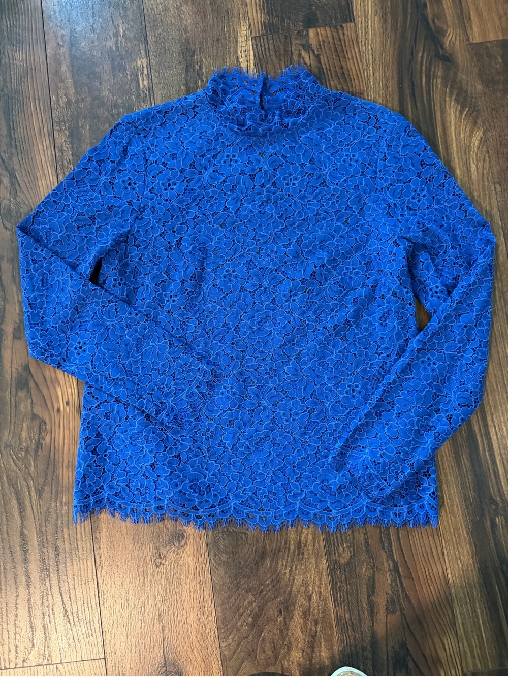 J. Crew Royal Blue Floral Lace Long-Sleeve Mock Neck Top
